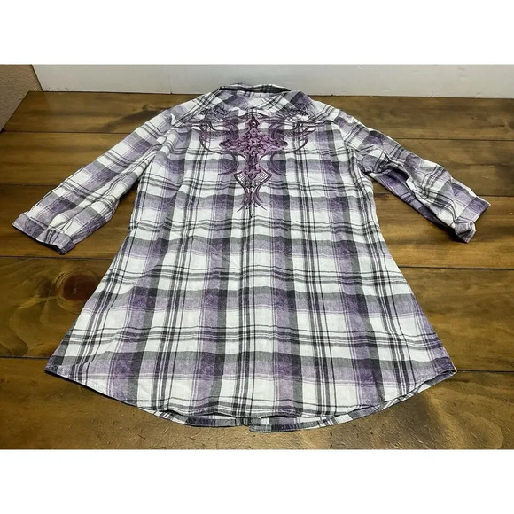Roar Woman Western M Button Up Long Sleeve Blue Purple Embroidered Stretch Shirt - Picture 9 of 11